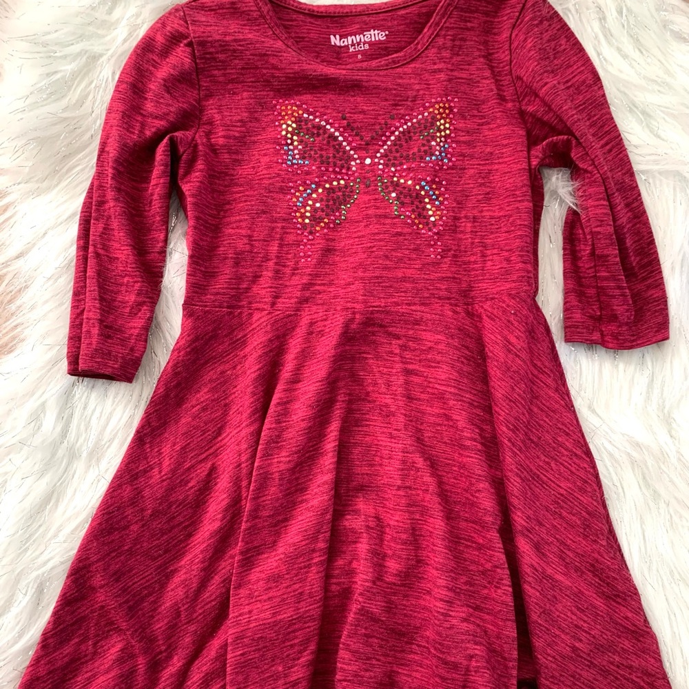 Girls size 5 burgundy red long sleeve dress with bejeweled butterfly